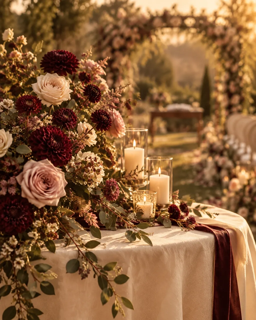 Romantic ceremony flowers and candles arranged on an ivory linen table