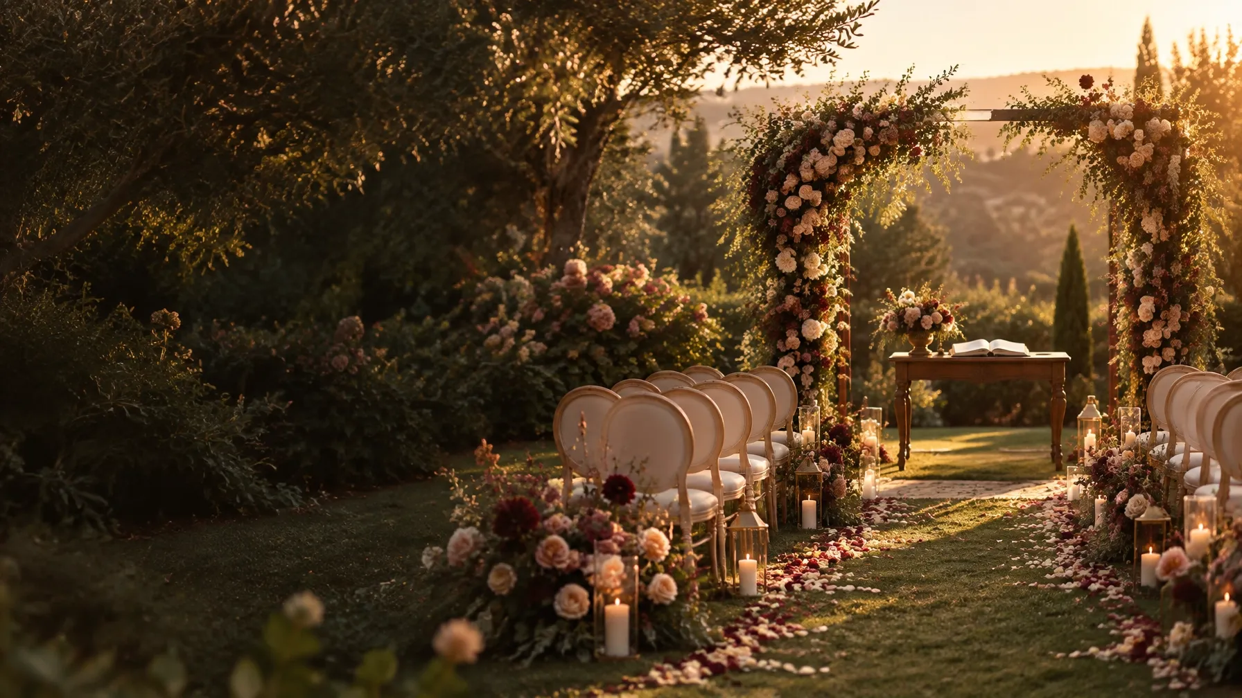 A romantic garden wedding ceremony setup with floral arch and guest seating at golden hour